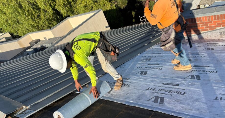 Top armor roofing team applying new two-ply TU43 SBS Underlayment system